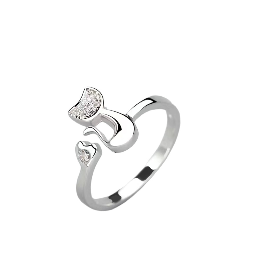 Silver Cat Open Cuff Ring With Rhinestone Accents - image 2